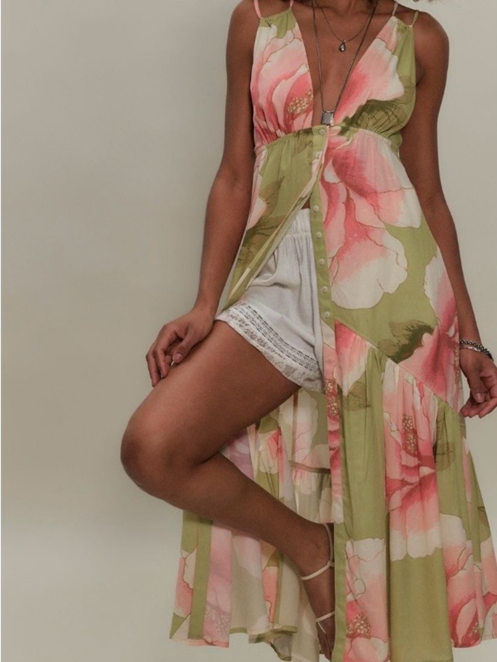 Free People Pink & Green Floral High-Low Maxi Dress